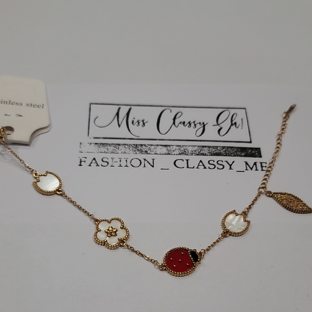 NWT Stainless Steel Single Sided Ladybug And Flower  Bracelet